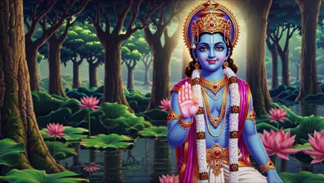 lord krishna in a forest setting