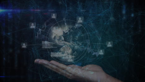 globo digital en la mano con conexiones de red y animación de iconos de usuario