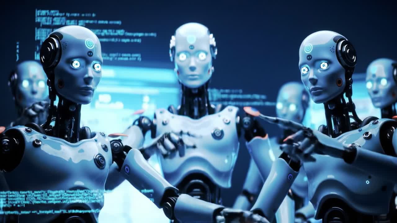 A group of advanced humanoid robots interact in a digital environment filled with cascading lines of code, illustrating the synergy between artificial intelligence and human-like functionality