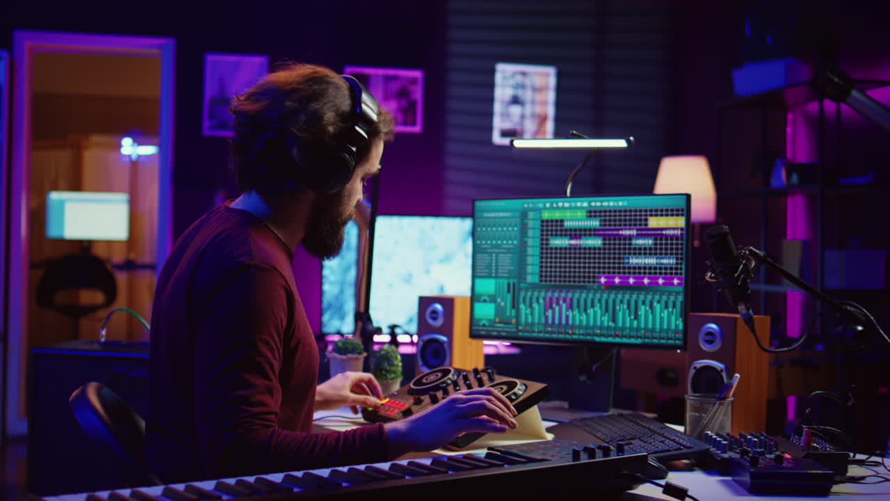 productor de música que toca notas electrónicas de piano y graba audio