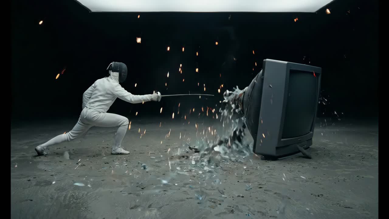 フルールで古いテレビを叩き割るフェンシング選手のスローモーション