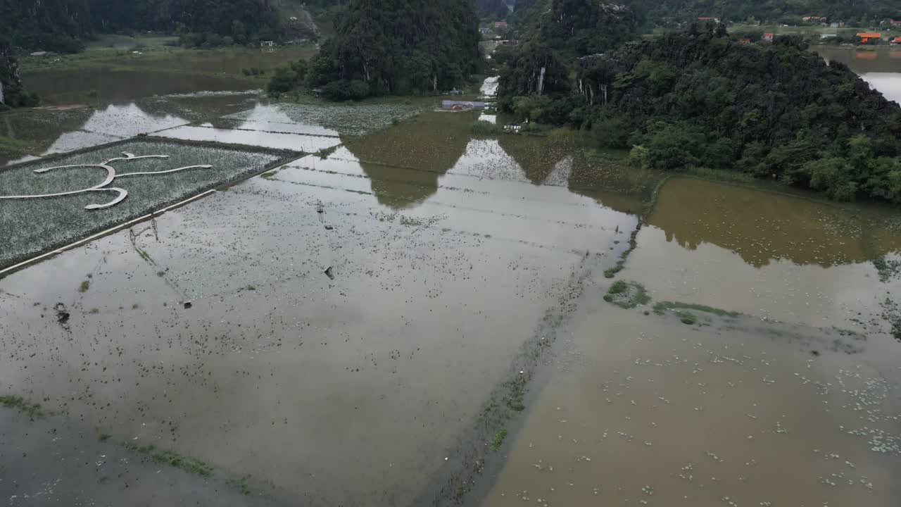 베트남 깊은 산속 논밭의 공중 촬영에서 마법 같은 반사