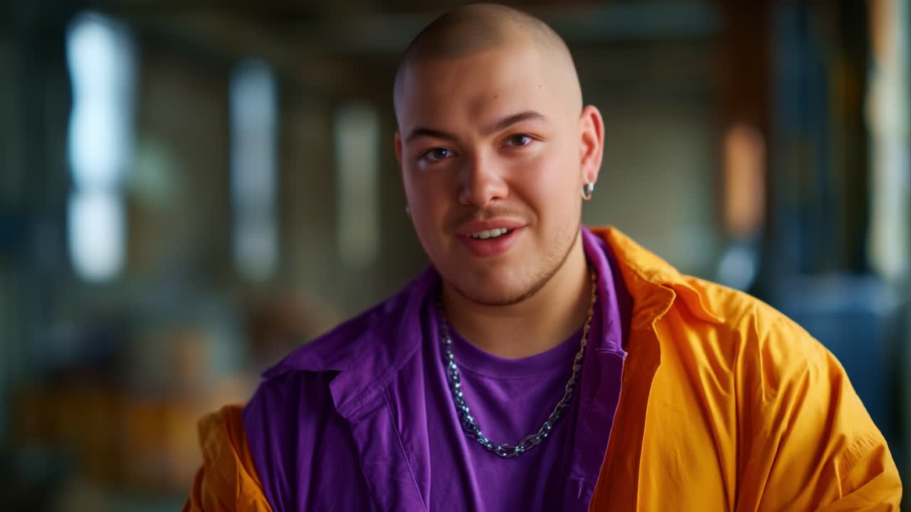Un giovane uomo sicuro di sé in abiti alla moda esprime la sua personalità in due immagini ambientate in un contesto vivace e colorato, mettendo in risalto il suo stile unico e il suo senso della moda.