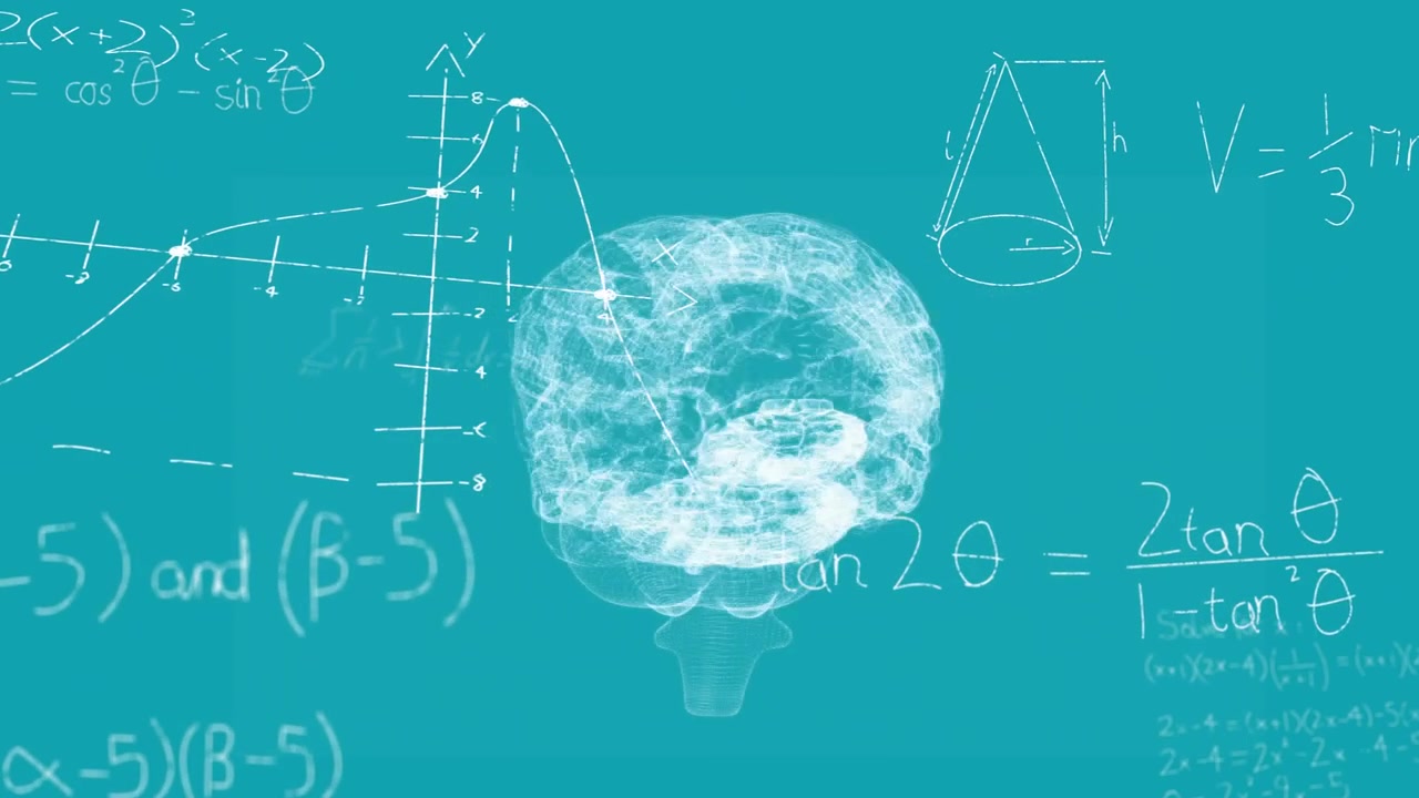 Nuvola di particelle che si trasforma in un cervello wireframe su sfondo verde acqua, con indicatori grafici che si sovrappongono intorno ad esso per l'istruzione.