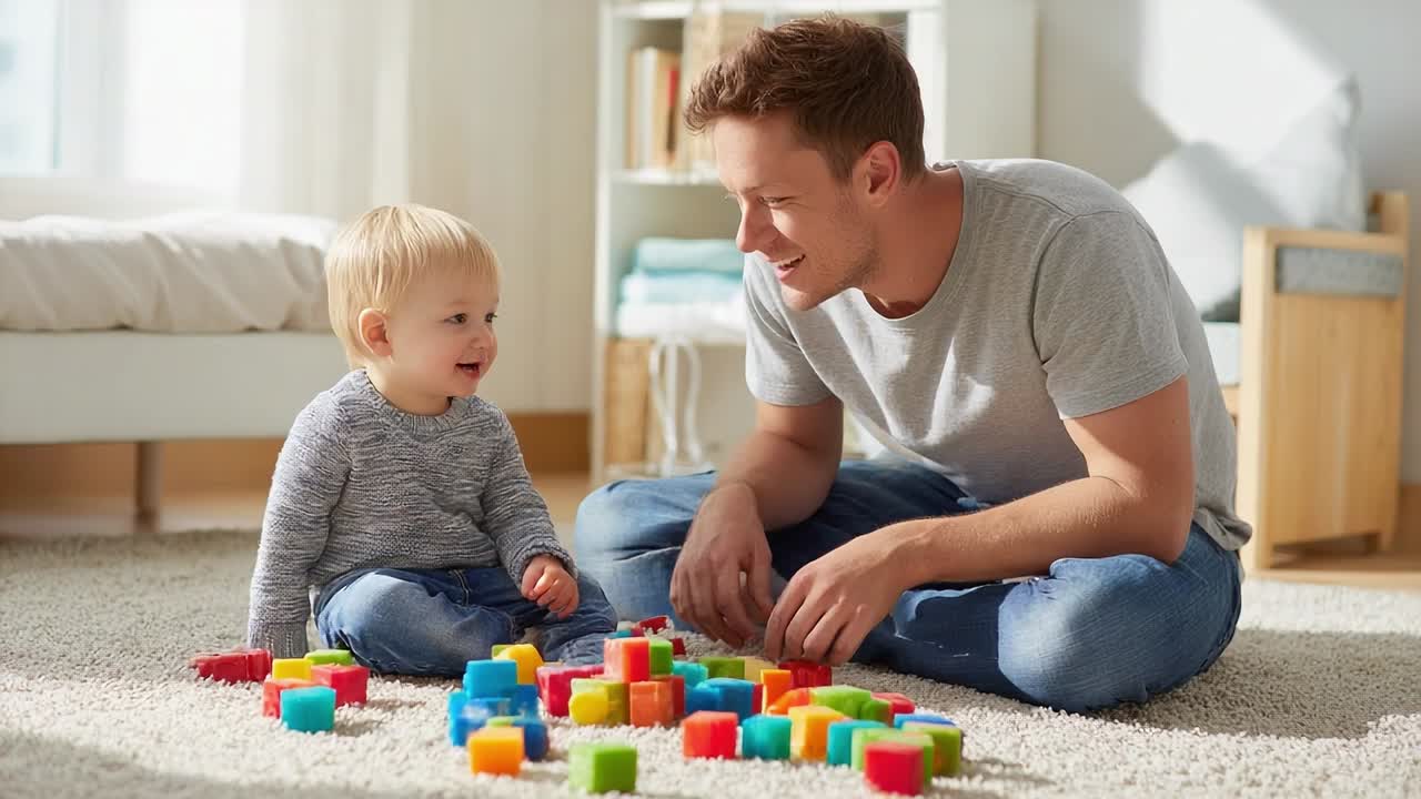 Un padre gioca con il figlio sul pavimento con blocchi da costruzione colorati