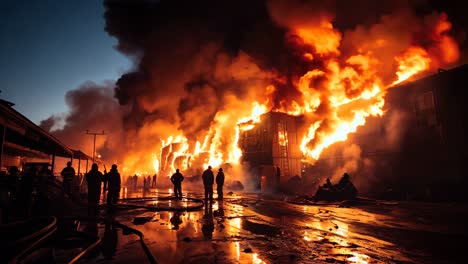 intense fire engulfs warehouse at dusk with firefighters battling flames