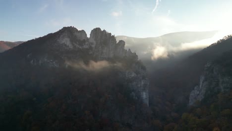 seneca rocks morning mist drone