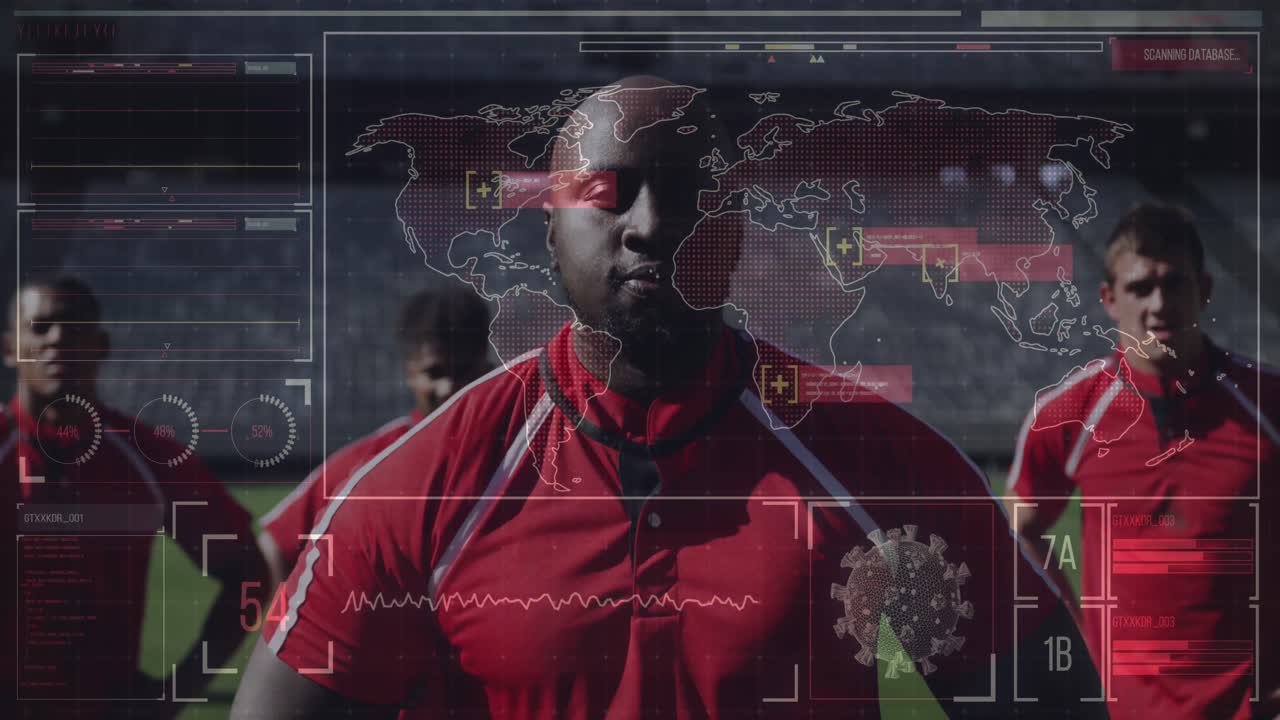 Animation of digital interface with covid 19 medical data processing over rugby players
