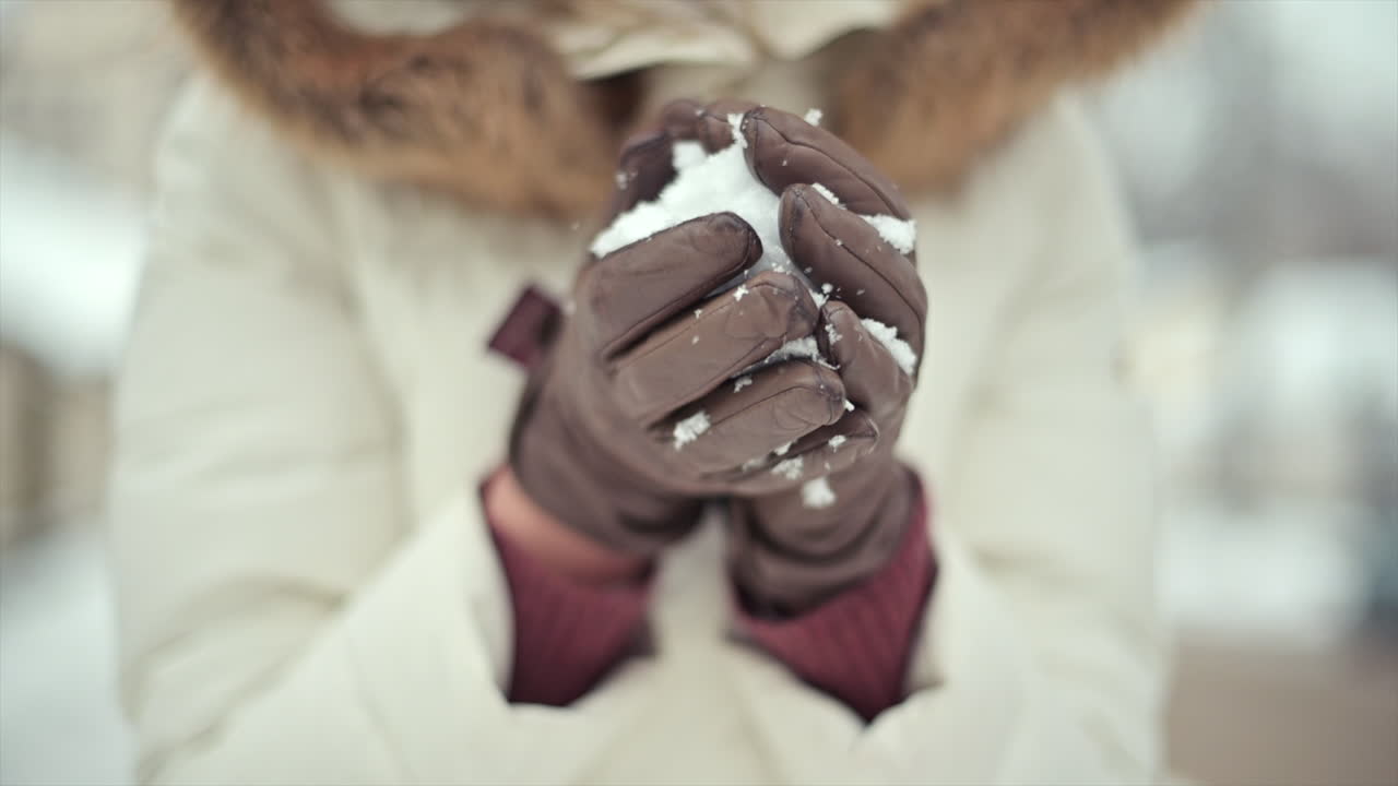 A person enjoys a winter day, holding freshly gathered snow in gloved hands, smiling and ready to throw a snowball. The cold scenery enhances the joyful moment