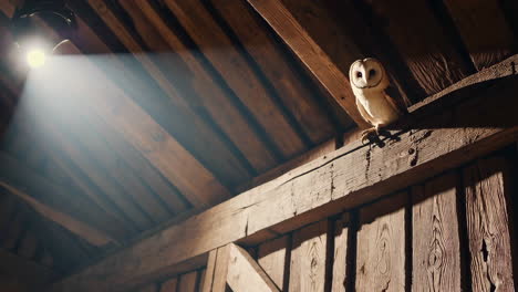 a barn owl in a rustic wooden barn illuminated by a spotlight