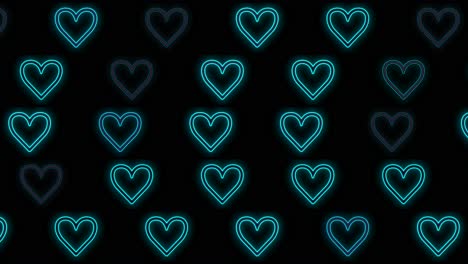 patrón de corazones azul neón pulsante en filas 8