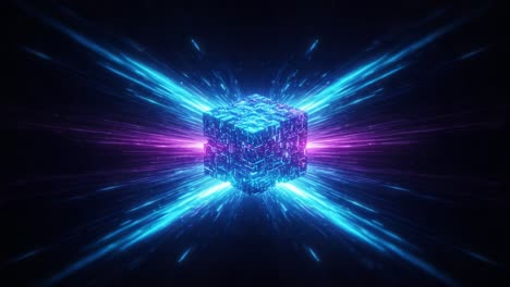 futuristic energetic cube with radiating light beams in stunning blue and pink colors, creating a mesmerizing visual effect in a dark background