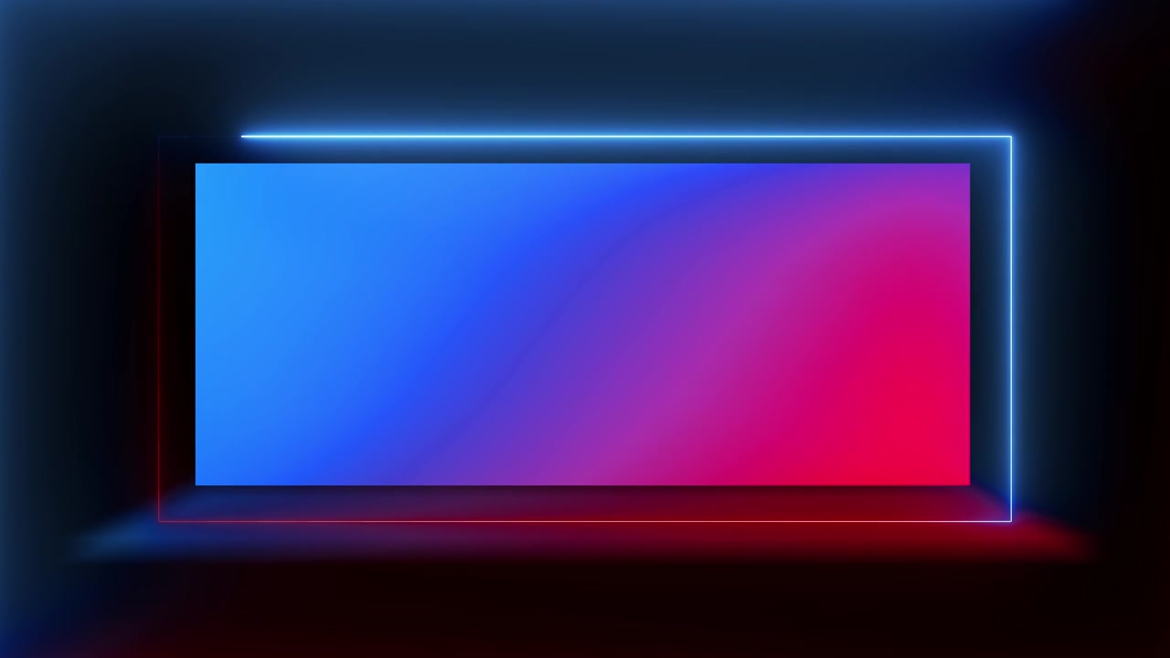 Blue red glowing banner visual with rectangular neon border colorful gradient center and dark studio