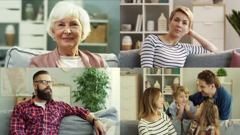 multiscreen on different people smiling to camera at home