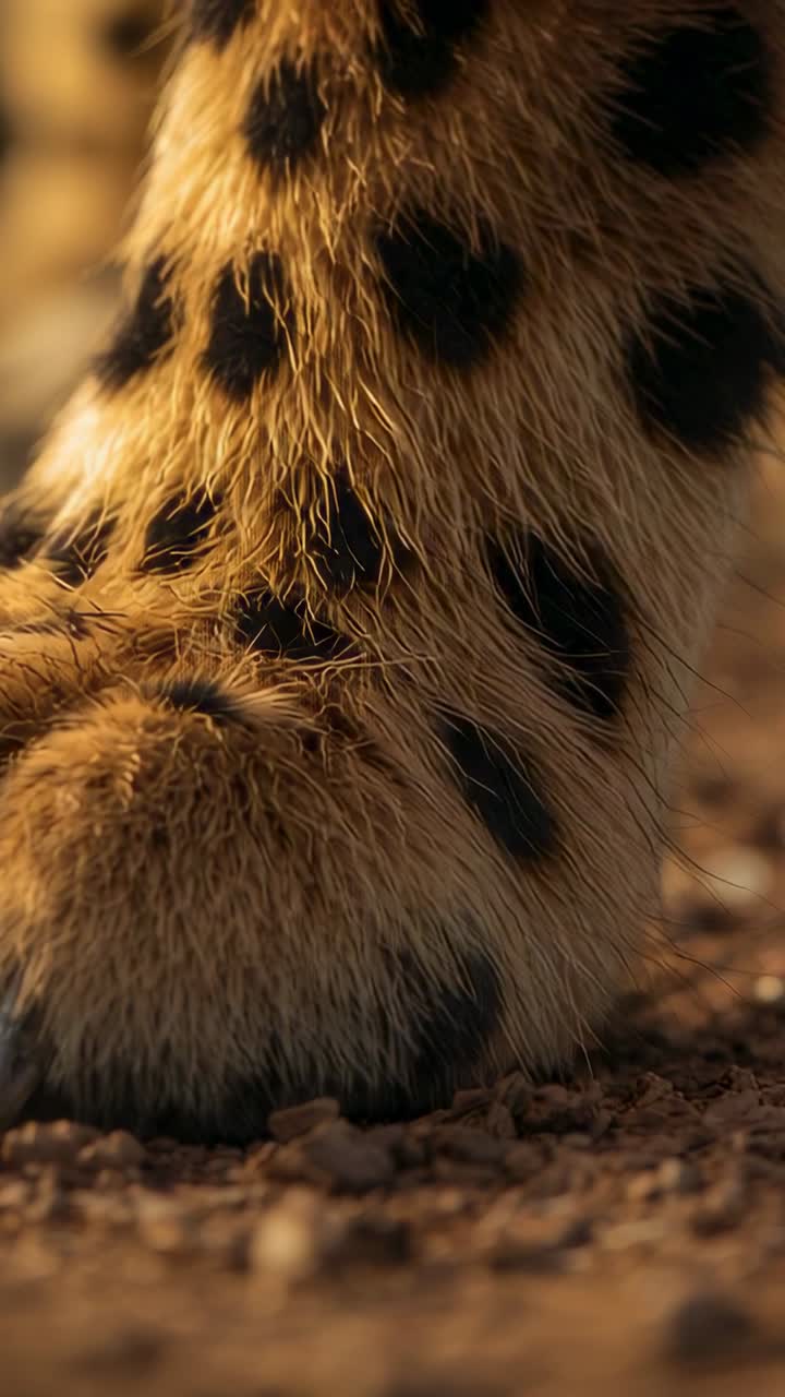 Vertical video: Shifting cheetah forepaw showing claw sliding on dry soil, triggered by stride