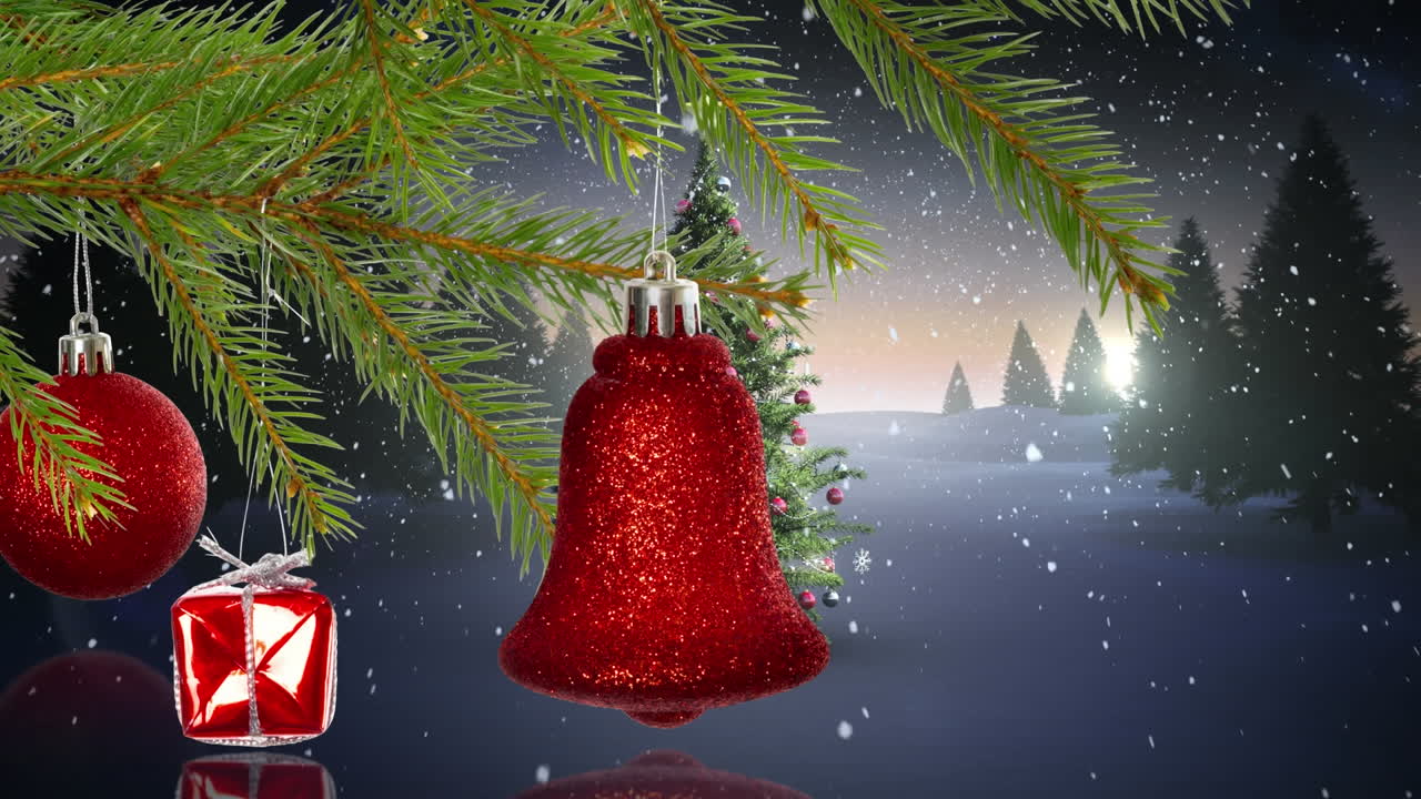 animación de ramas de abeto con decoraciones navideñas en el paisaje de invierno