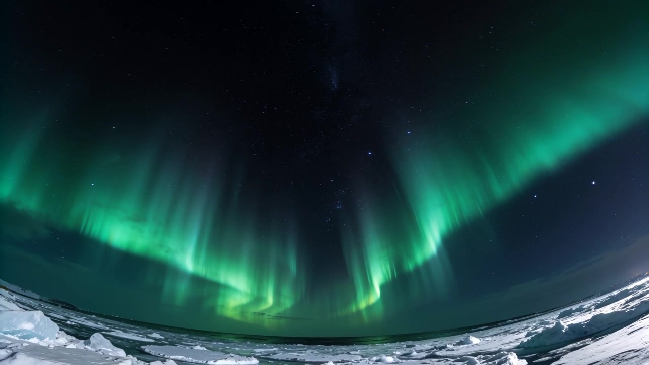 Cortine aurorali danzanti che si illuminano e si intensificano sulla costa polare, riflettendosi sul ghiaccio marino spezzato.