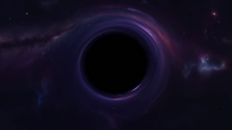 Black Singularity Surrounded By Glowing Accretion Disk, Cosmic Lensing Bends Starlight Into Purple Swirl,