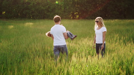 Family-Walking-In-Field-Carrying-Young-Baby-Son