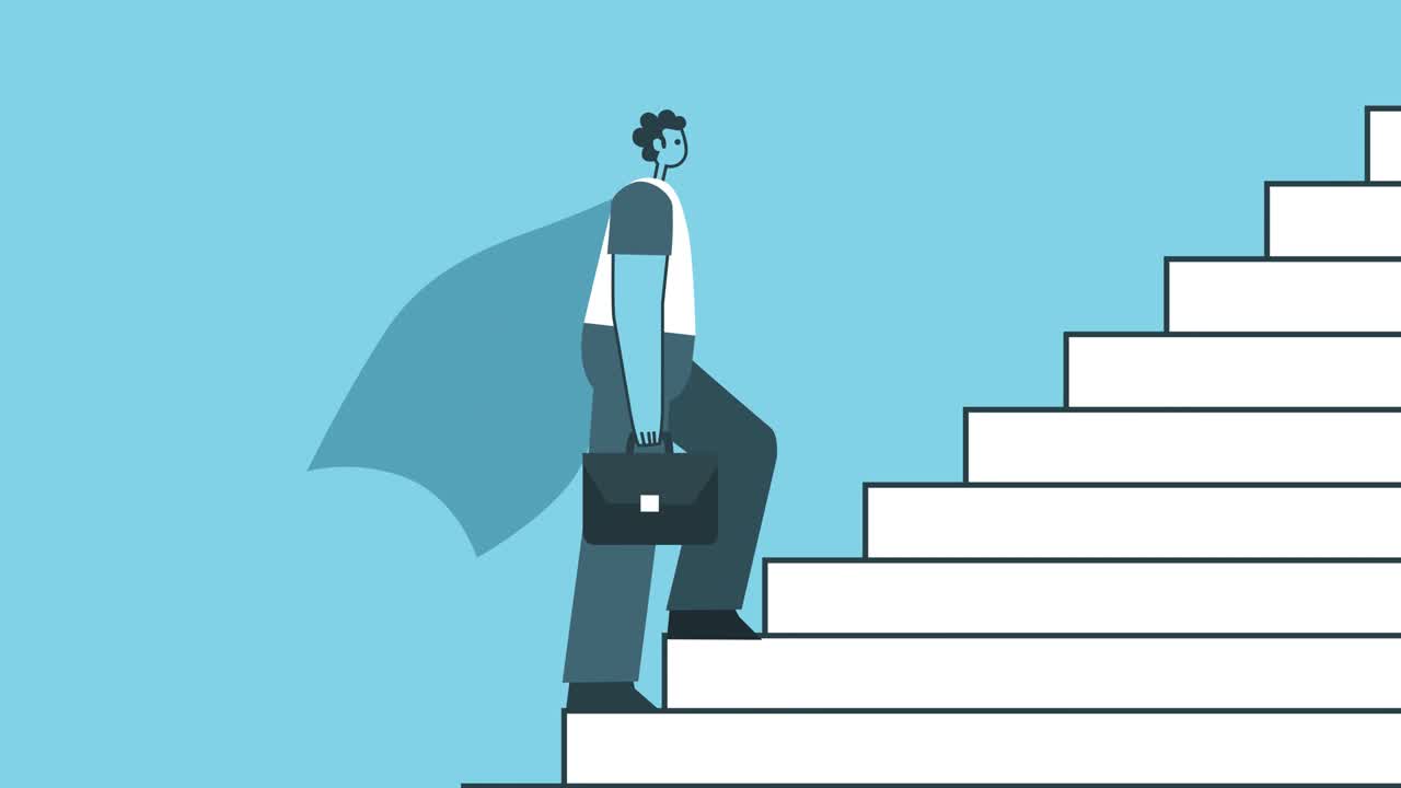 슈퍼히어로가 계단을 올라가는 모습, 성공과 경력 성장 개념, 평평한 디자인, 만화 캐릭터, 고립된 루프, 2d 애니메이션