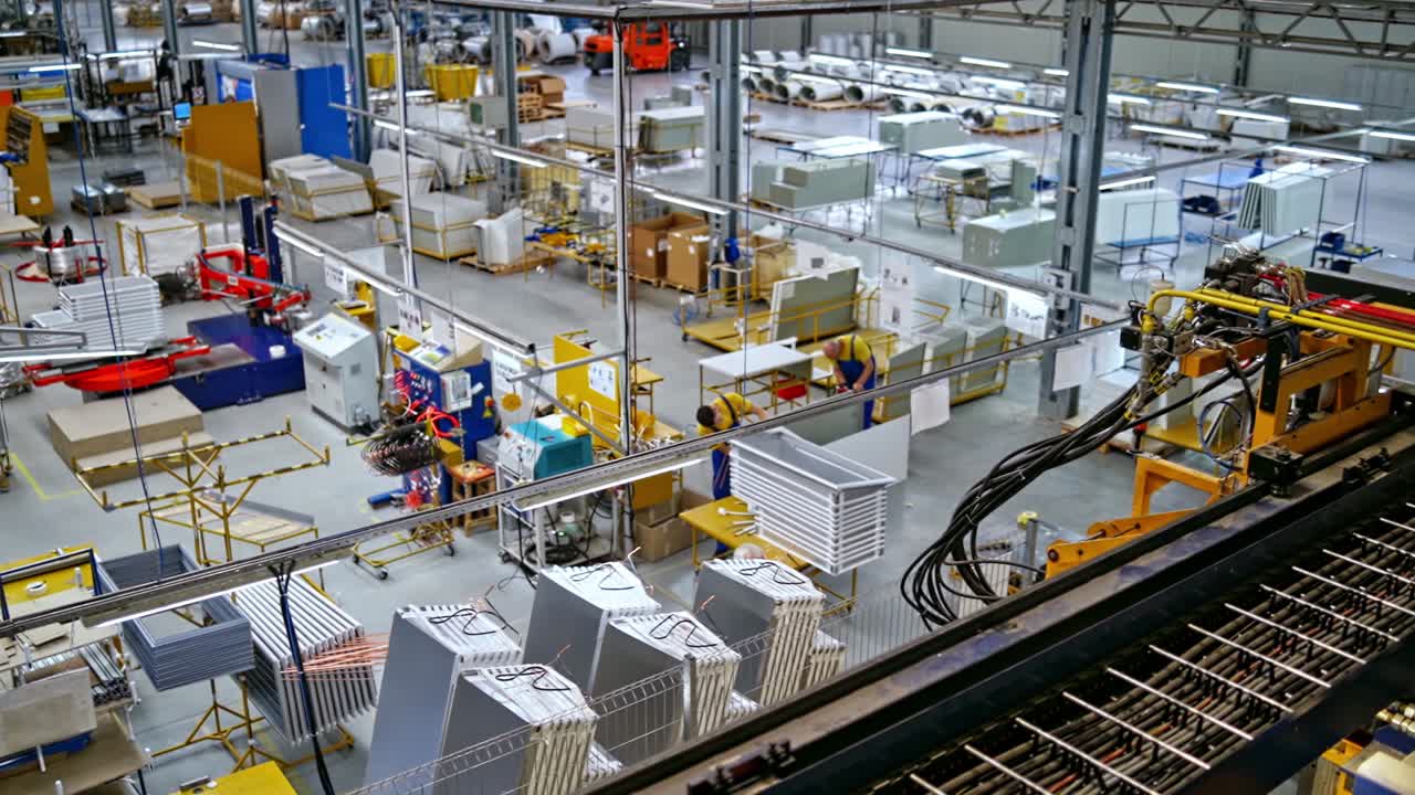 Interno dell'officina di fabbrica e macchinari. Sfondo interno industriale di una linea di produzione in fabbrica.