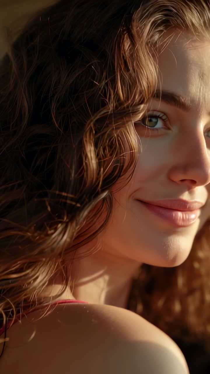Video verticale: reazione alla luce del sole, donna che apre gli occhi, si gira verso la camera in primo piano, cinturino rosso