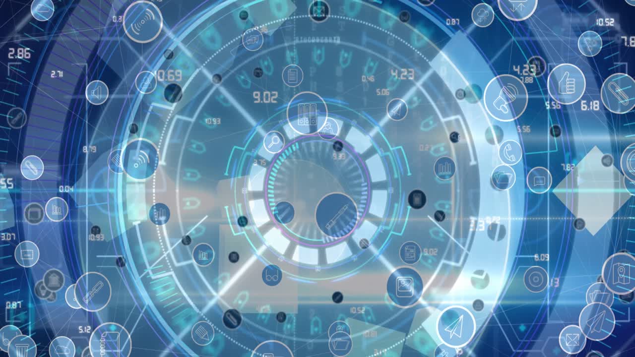 연결 네트워크, 아이콘 및 범위 이상의 데이터 처리 애니메이션