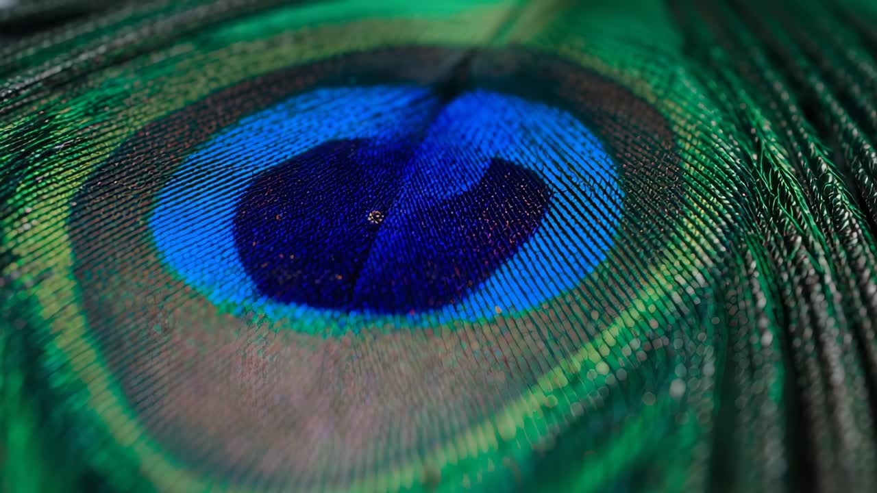 Camera opening on peacock feather eye spot and moving along barbs in studio, revealing iridescence