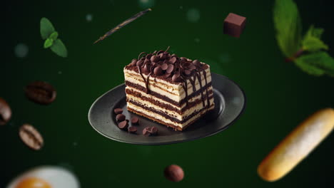 Dreischichtiges-Tiramisu-Dessert-Mit-Schokoladenstückchen,-Animations-Intro-Für-Werbung-Oder-Marketing-Auf-Grünem-Hintergrund-Für-Restaurants,-Wobei-Die-Zutaten-Des-Desserts-Durch-Die-Luft-Fliegen