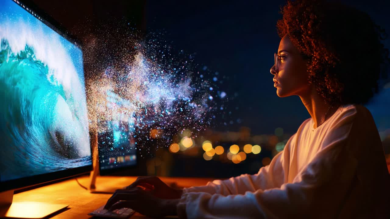 A Woman Engaged with Digital Creativity: A Surreal Exploration of Imagination Unfolding from a Computer Screen in a Nighttime Setting