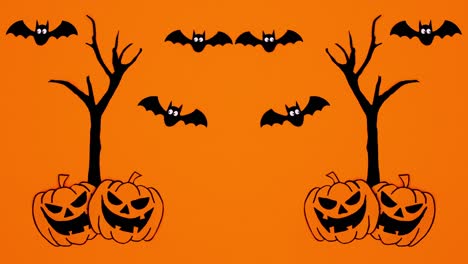 bats fly above creepy tree with pumpkins. stop motion