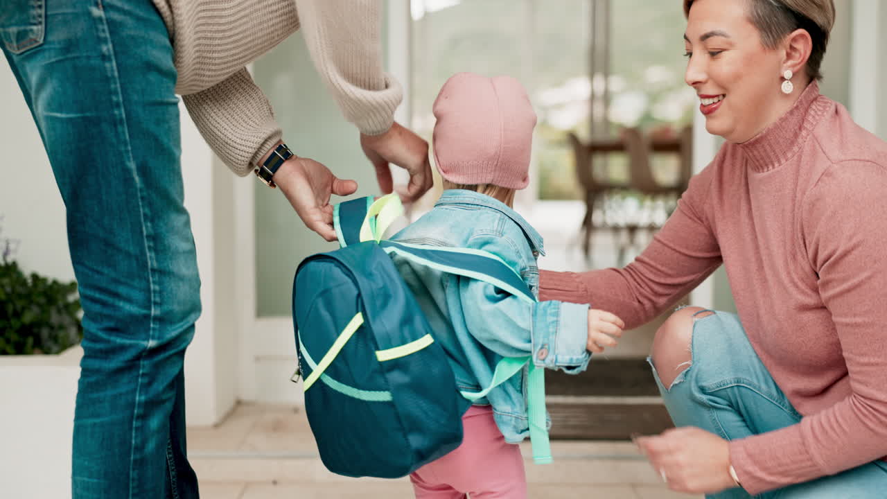 Parents, child and backpack for kindergarten