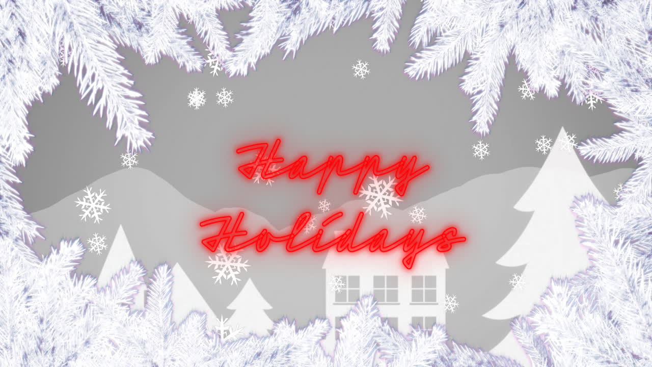 산을 배경으로 눈 어리, 눈으로 인 나무 및 집을 둘러싼 가지의 애니메이션