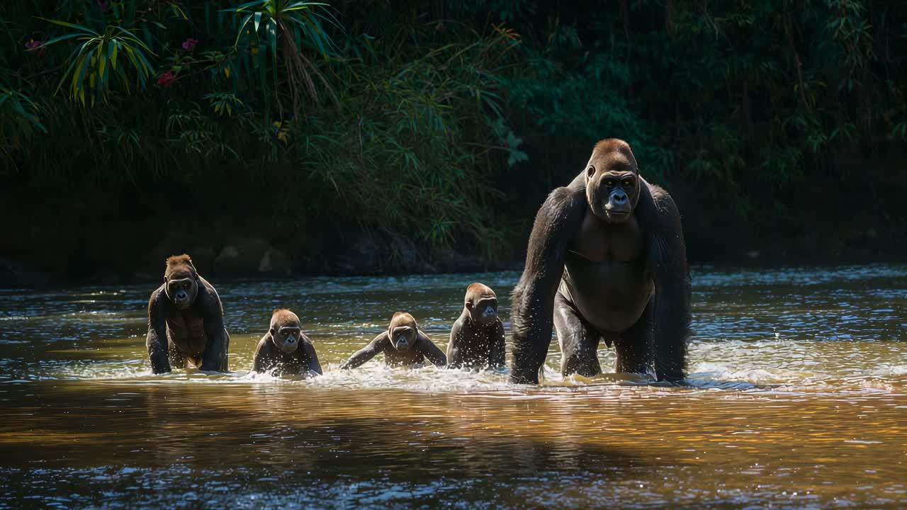 Following adult stepping, five gorillas wading toward camera to reach shore, making muddy splashes