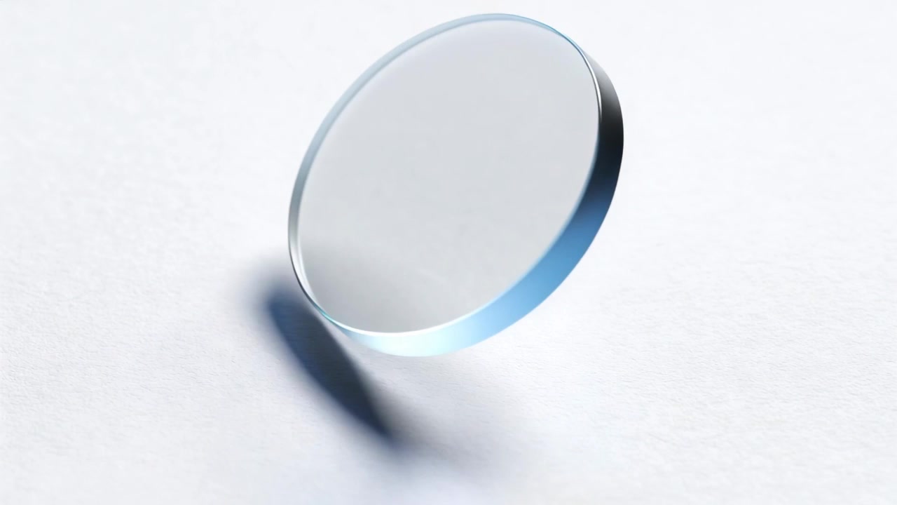 Clear glass disc lifting after light push, tilting and rotating on white table, casting blue shadow