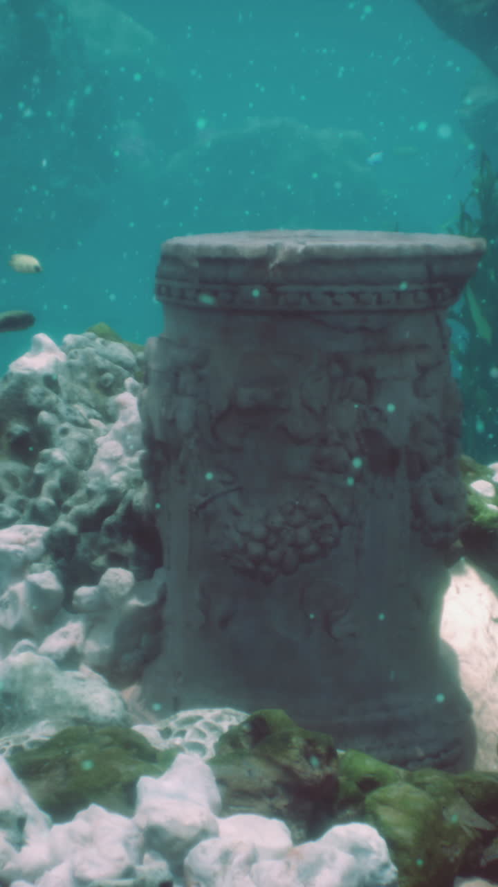 ruinas submarinas con peces nadando alrededor