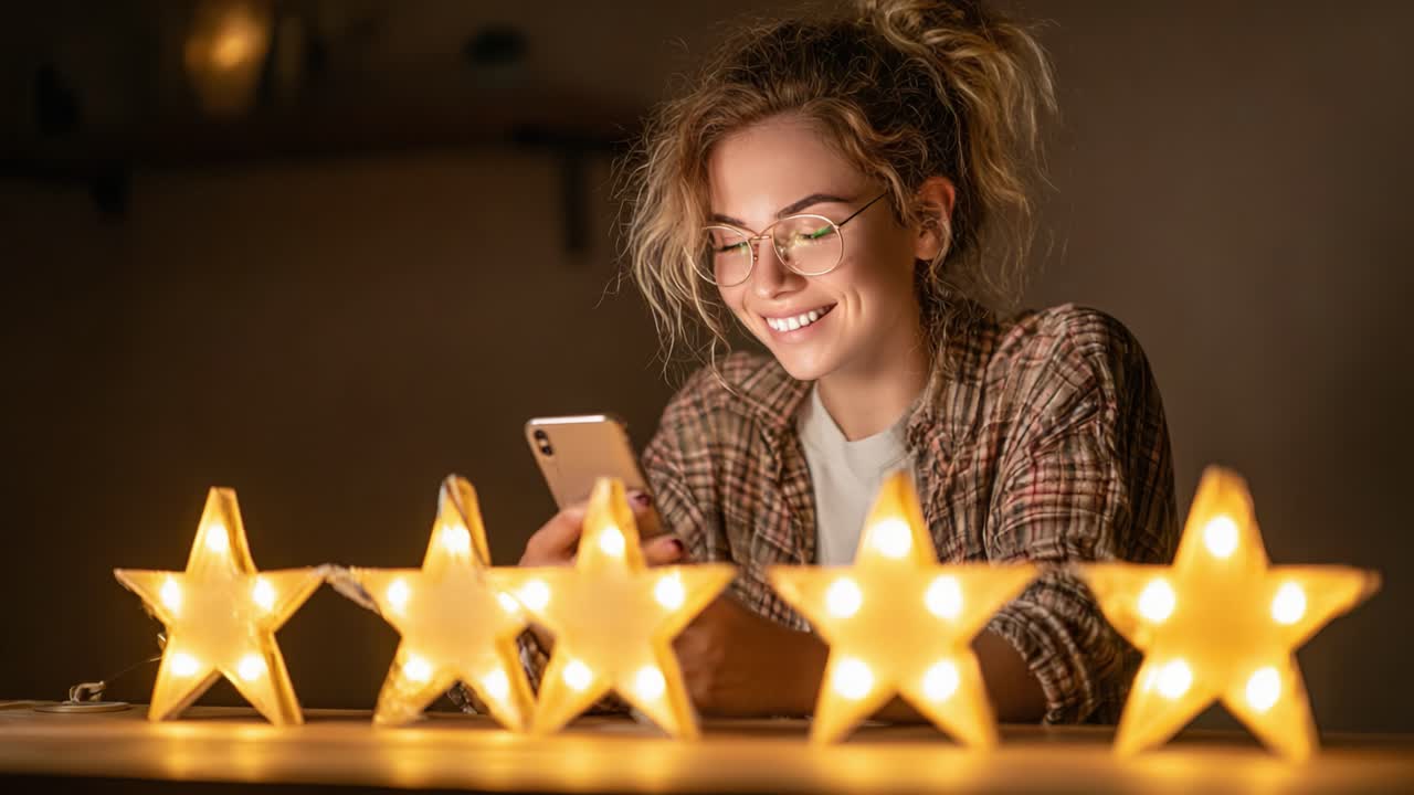 A Young Woman Enjoys Her Evening Surrounded by Bright Star-Shaped Lights While Engaged on Her Smartphone, Creating a Warm and Cozy Atmosphere