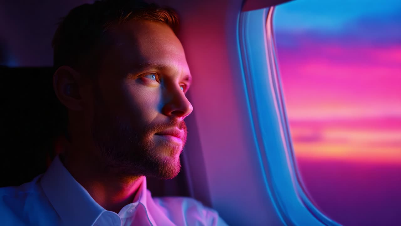A deep and contemplative gaze through an airplane window showcases the stunning hues of a vibrant sunset, illustrating the beauty of travel and the reflections it inspires in one's mind and soul