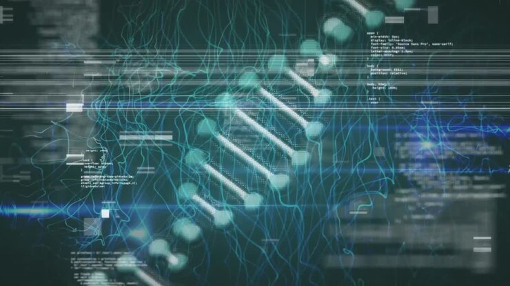 Animation of dna strand and data processing over black background