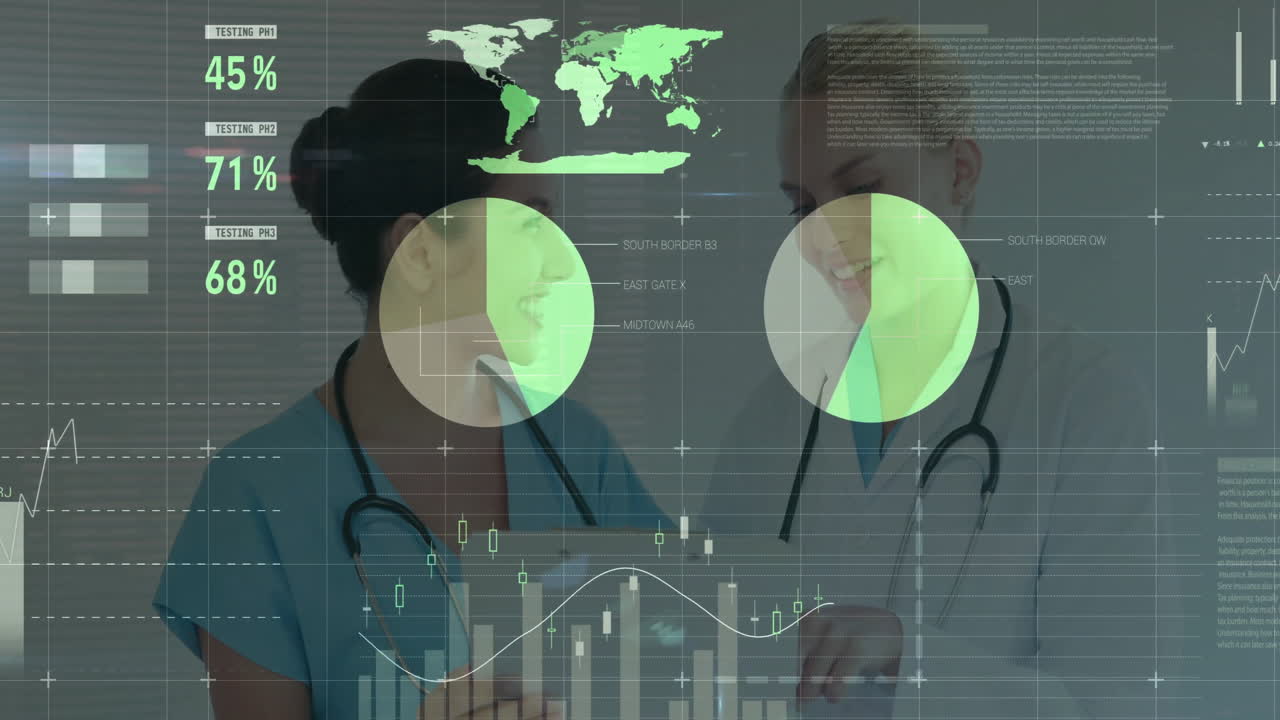 Two female medical professionals discussing clinical data indoors, showing animated charts and maps