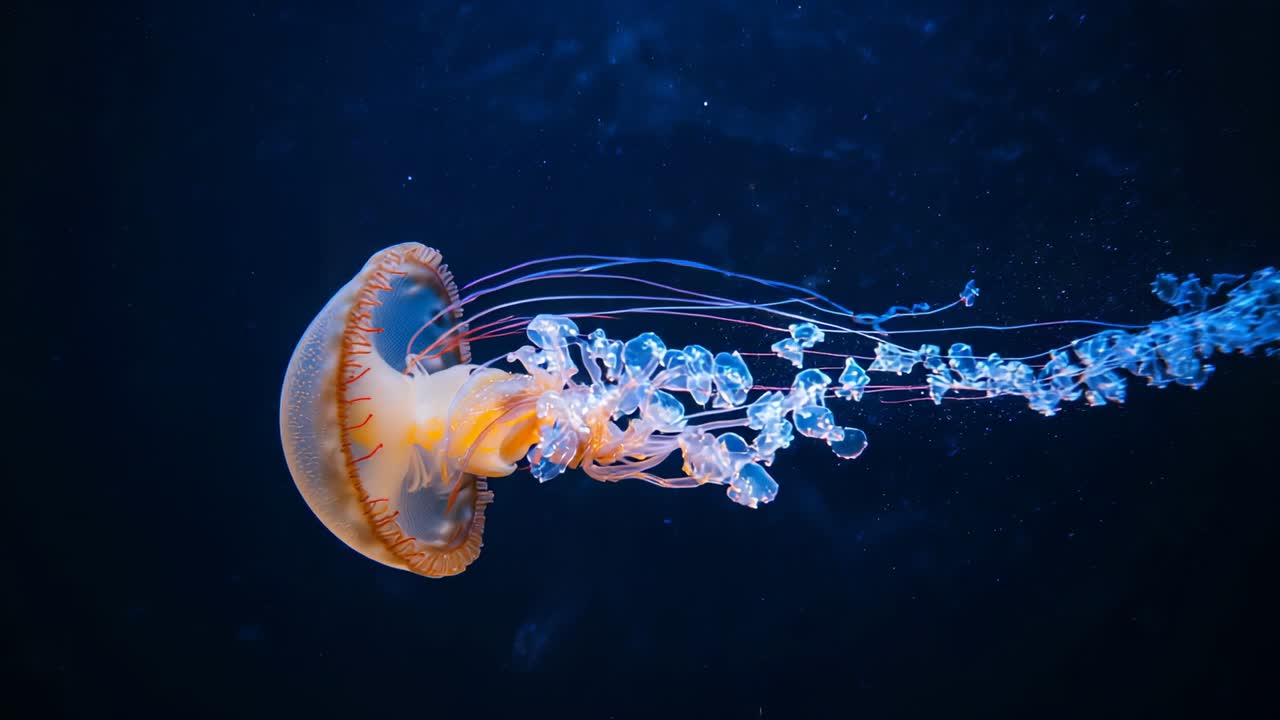 Bell contracting, jellyfish gliding right across navy tank, trailing tentacles and beads