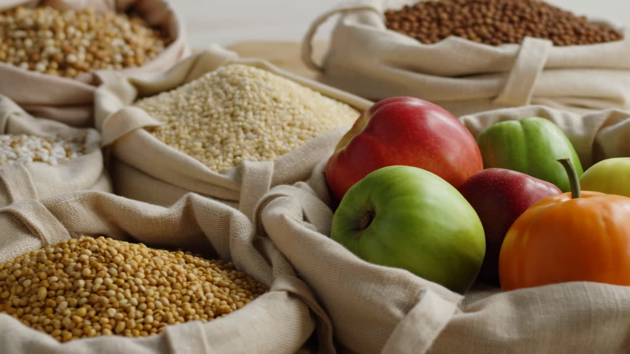 Fresh Apples, Persimmon, and Various Grains in Burlap Bags