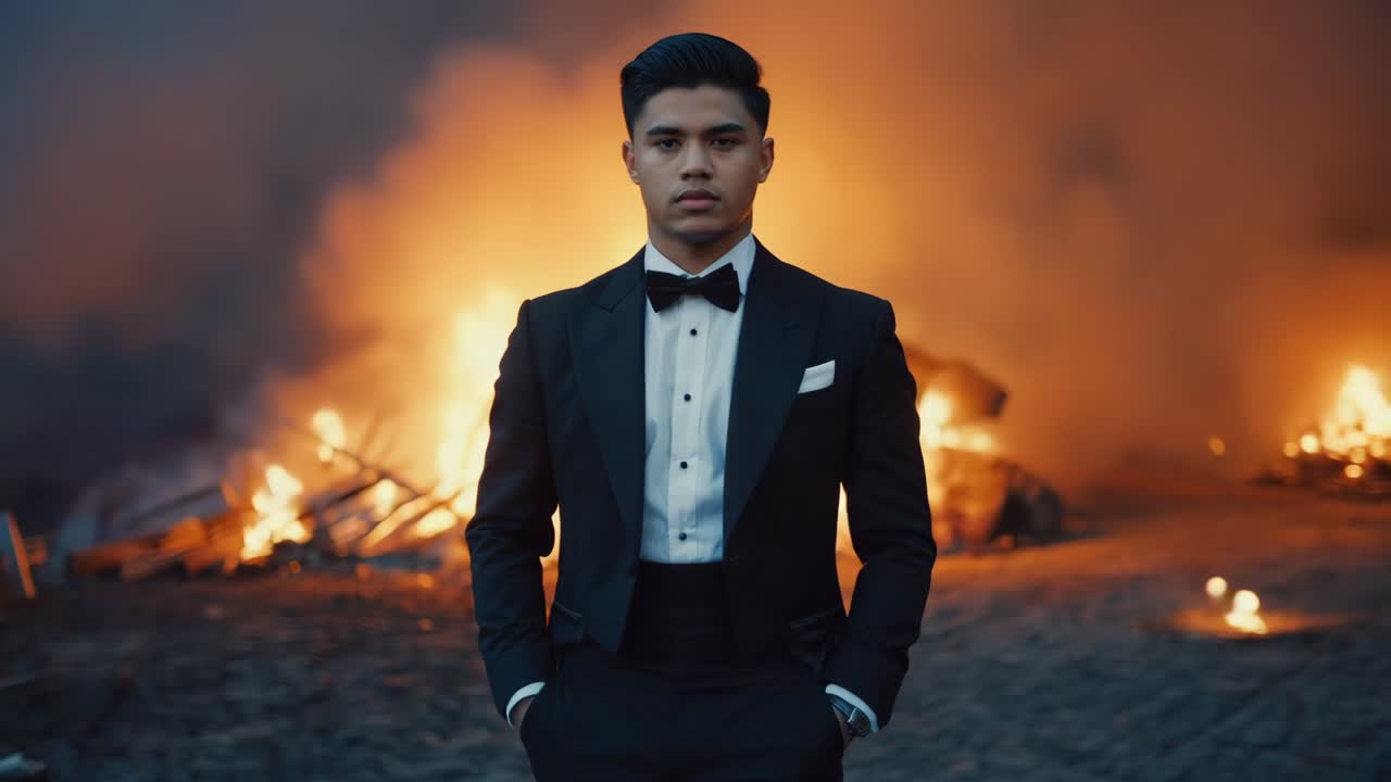Man in Tuxedo Standing in Front of Fire