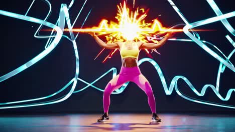 woman in fitness pose with vibrant light effects