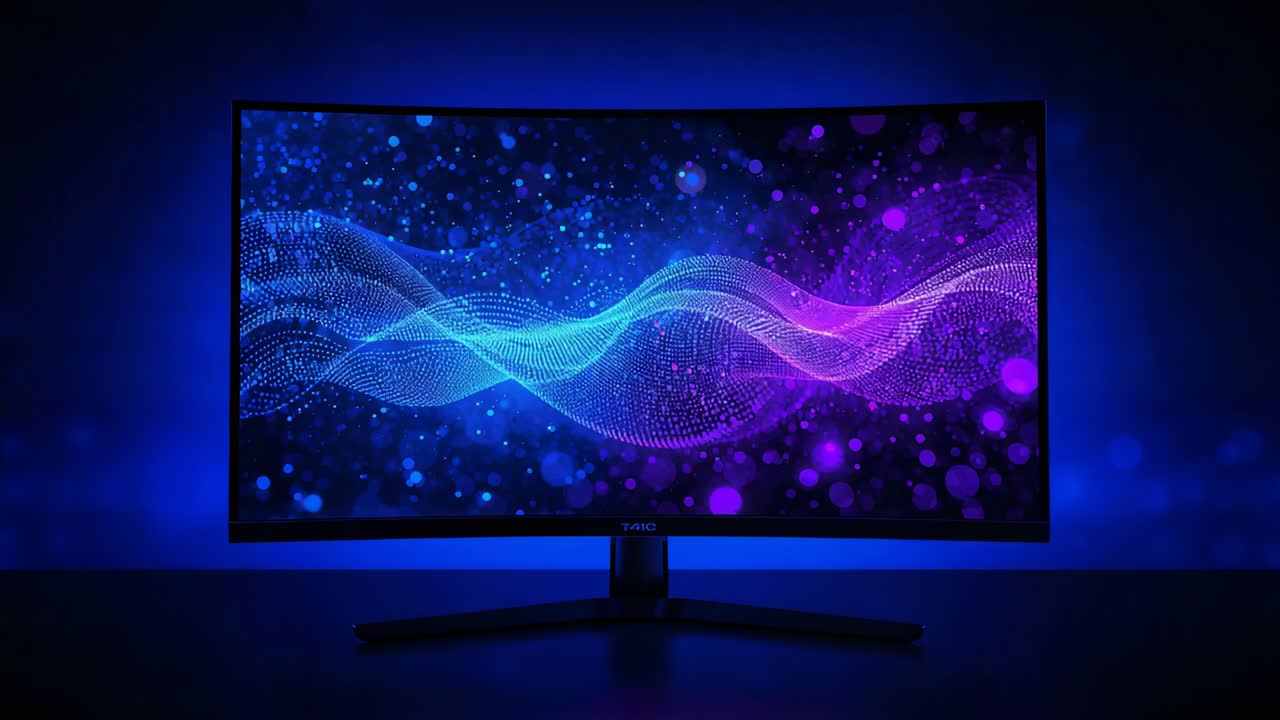 Monitor curvo che riproduce una forma d'onda blu-magenta in evoluzione su una scrivania scura, con retroilluminazione RGB pulsante