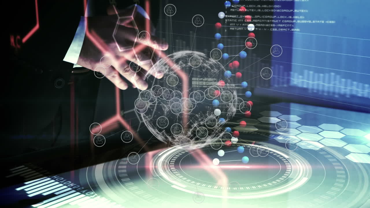 카우카스 사업가와 데이터 처리에 대한 아이콘과 연결 네트워크의 애니메이션