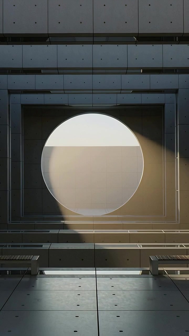 Vertical video: Shifting sunbeam crossing round opening in atrium as sun moving casting floor glow