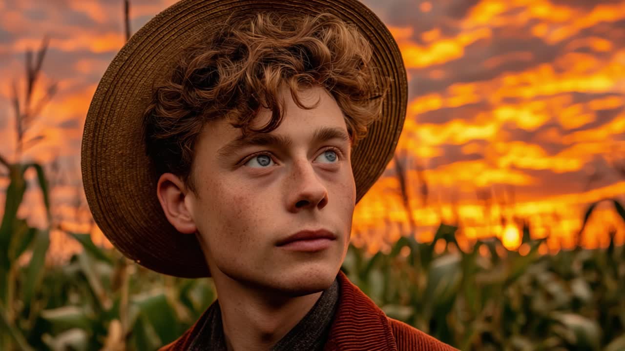 A Young Man in a Wide-brimmed Hat Gazes Thoughtfully into the Dusk, Surrounded by Lush Cornfields Under a Dramatic Sunset Sky