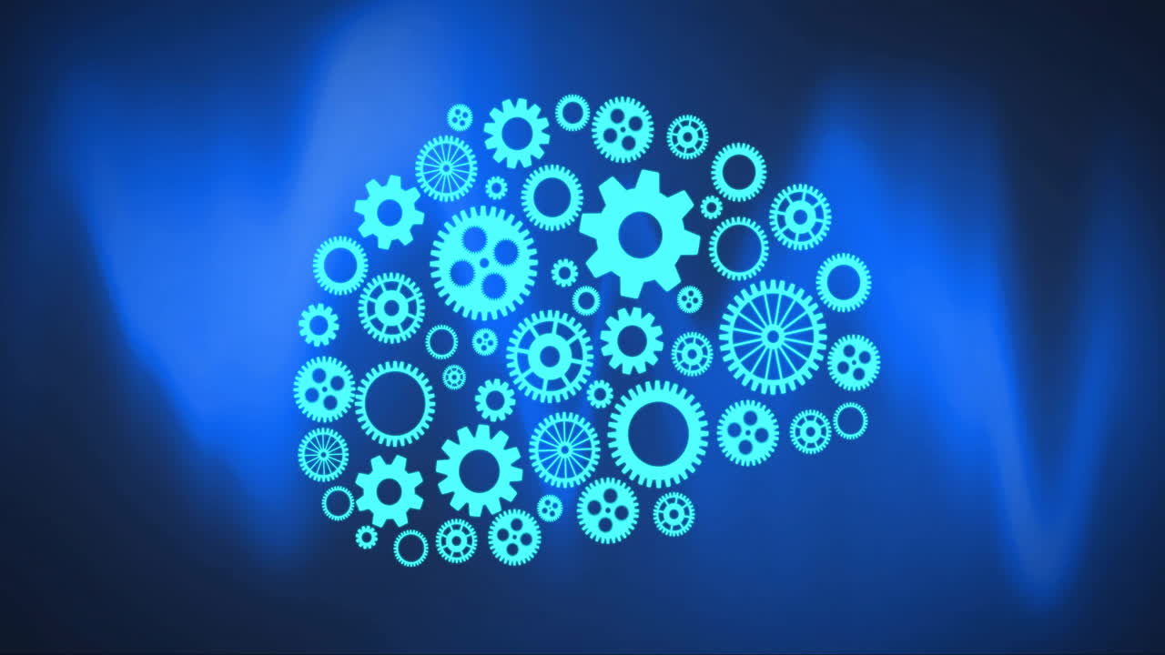 animación del cerebro humano con engranajes sobre rastros de luz azul sobre fondo negro