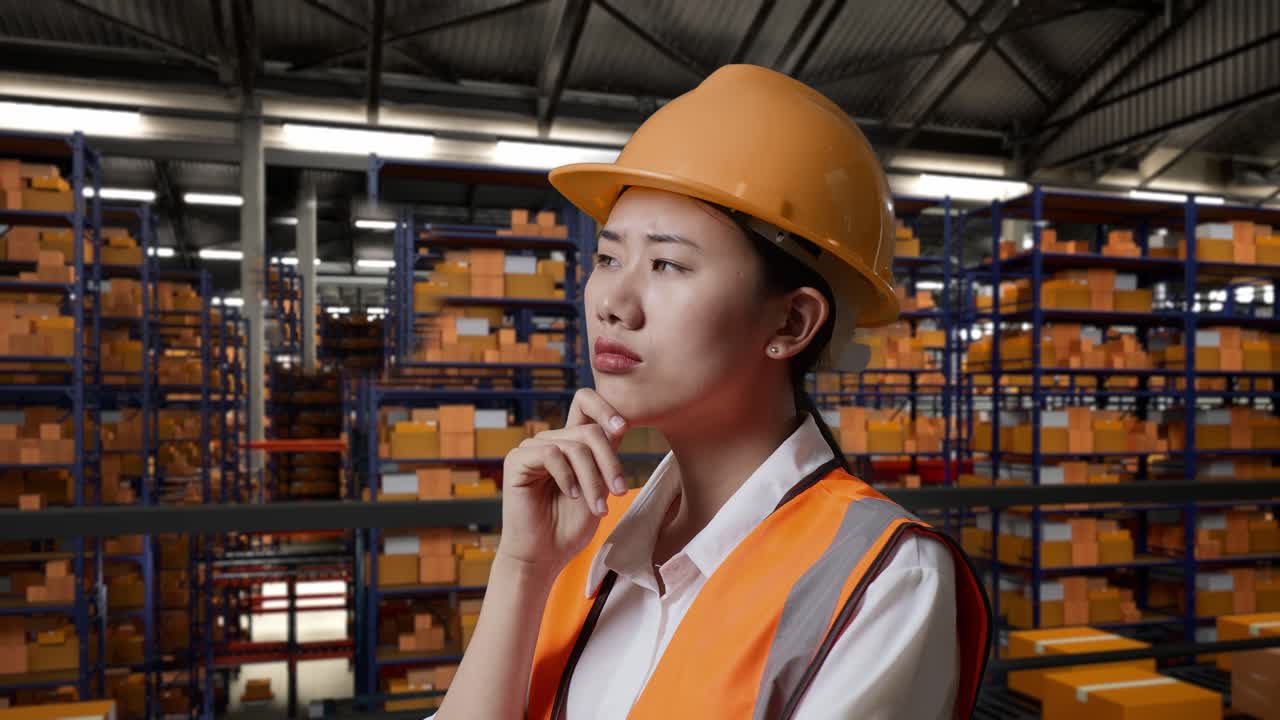 안전 헬을 입은 아시아 여성 엔지니어가 배달 물품으로 가득 찬 선반과 함께 창고에 서서 무언가에 대해 생각하고 주위를 둘러보며 지표손가락을 올립니다.